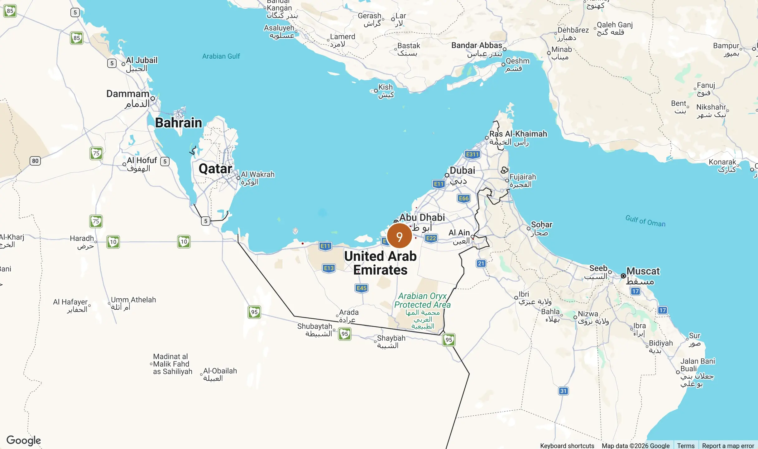 Map of the United Arab Emirates with the Landbank's example locations clustered across the Emirate of Abu Dhabi