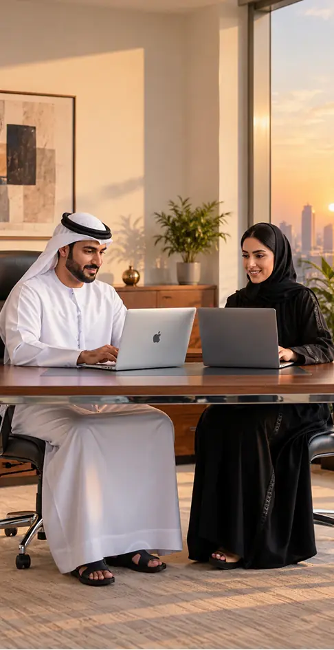 رجل بالزي الوطني الأبيض وامرأة بعباءة سوداء يعملان على حاسوبين محمولين حول طاولة