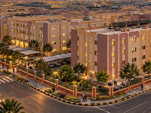 زاوية مبنى سكني بنوافذ مضاءة عند الغسق
