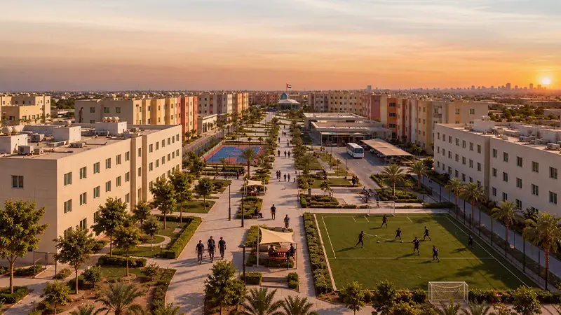 منظر جوي لمجمع سكني فيه ممشى وملعب كرة قدم وملعب كرة سلة عند الغروب