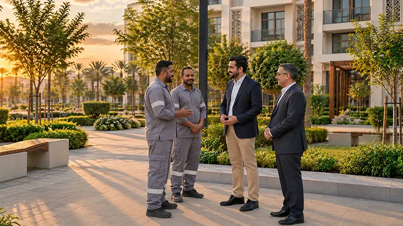 أربعة موظفين بزي العمل والزي الرسمي يتحدثون في حديقة