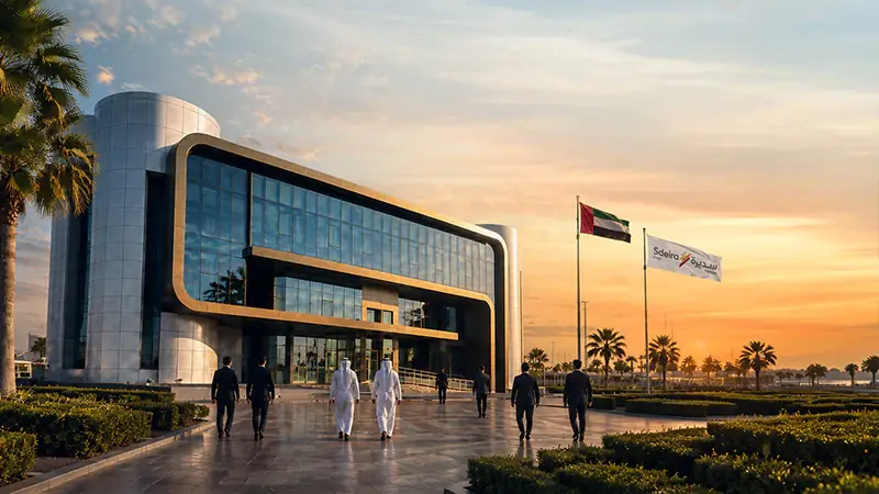 مبنى المقر الرئيسي للمجموعة عند الغروب، وأشخاص يمشون أمامه