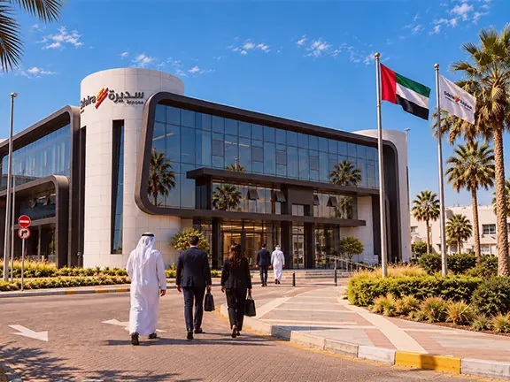 مبنى مقر سديرة وأشخاص يسيرون نحو مدخله بجانب علم الإمارات