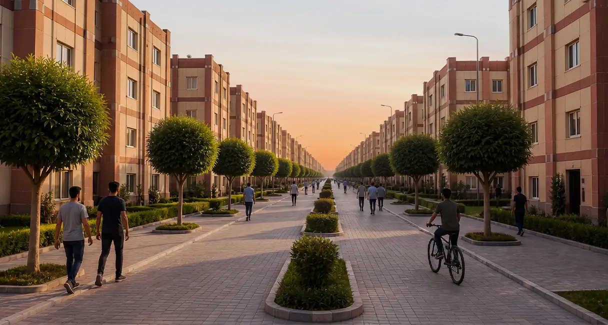 شارع مشجر بين مبان سكنية في أريام آيكاد