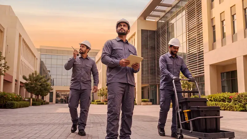 ثلاثة من فريق المرافق بخوذ وزي عمل أمام مبنى مكاتب