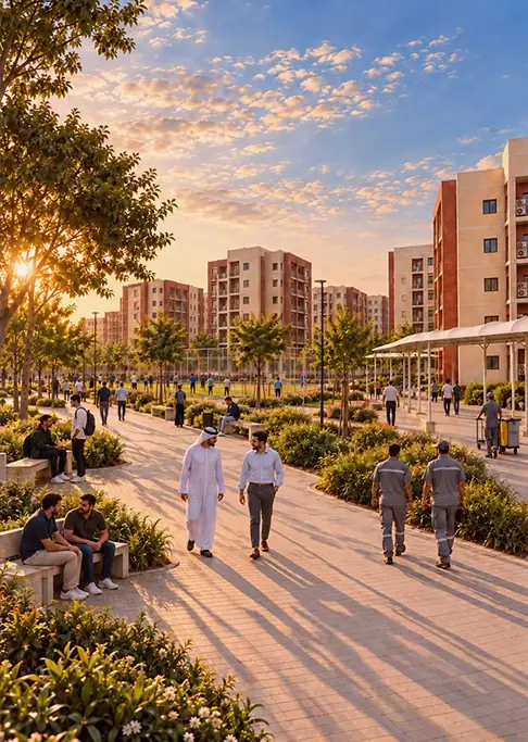 سكان وعاملون يسيرون في ممشى مزروع داخل أحد مجمعات سديرة عند الغروب